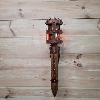 Medieval Wall Torch Sconce Light – Rustic Flame Lantern, Viking Style Wall Mount Lamp, Iron & Wood Torch Light for Castle, Cosplay Decor