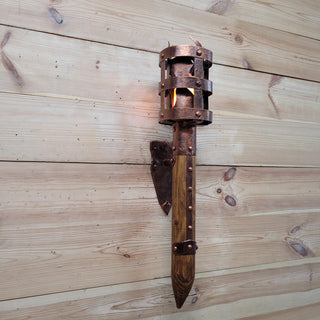 Medieval Wall Torch Sconce Light – Rustic Flame Lantern, Viking Style Wall Mount Lamp, Iron & Wood Torch Light for Castle, Cosplay Decor