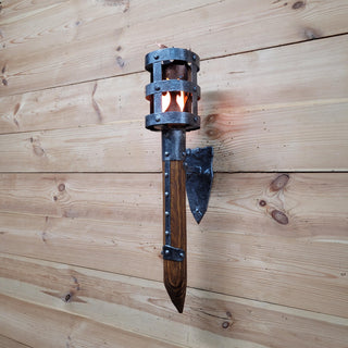 Medieval Wall Torch Sconce Light – Rustic Flame Lantern, Viking Style Wall Mount Lamp, Iron & Wood Torch Light for Castle, Cosplay Decor