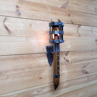Medieval Wall Torch Sconce Light – Rustic Flame Lantern, Viking Style Wall Mount Lamp, Iron & Wood Torch Light for Castle, Cosplay Decor
