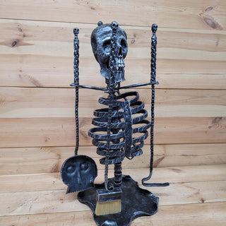 Skull Fireplace Tool Set – Hand Forged Iron Skeleton Ribcage Stand – Gothic, Halloween, Horror Home Decor, Haunted House Tools