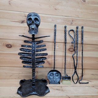 Skull Fireplace Tool Set – Hand Forged Iron Skeleton Ribcage Stand – Gothic, Halloween, Horror Home Decor, Haunted House Tools