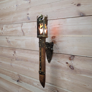 Medieval Wall Torch Sconce Light, Rustic Flame Lantern, Viking Style Wall Mount Lamp, Iron & Wood Torch Light, Tavern or Cosplay Decor