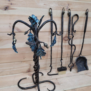 Wrought Iron Fireplace Tool Set with Oak Leaves and Acorns – Hand Forged Fire Tools