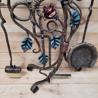 Wrought Iron Fireplace Tool Set with Forged Roses – Handmade Romantic Hearth Decor