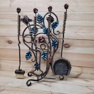 Wrought Iron Fireplace Tool Set with Forged Roses – Handmade Romantic Hearth Decor
