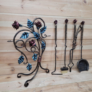 Wrought Iron Fireplace Tool Set with Forged Roses – Handmade Romantic Hearth Decor