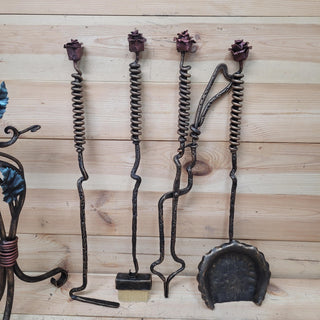 Wrought Iron Fireplace Tool Set with Forged Roses – Handmade Romantic Hearth Decor