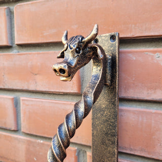 Hand-Forged Wrought Iron Cow Head Door Handle Barn Door Pull Farmhouse Decor Rustic Animal Handle for Cabin, Barn, or Shed