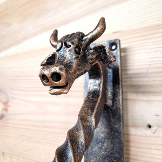 Hand-Forged Wrought Iron Cow Head Door Handle Barn Door Pull Farmhouse Decor Rustic Animal Handle for Cabin, Barn, or Shed