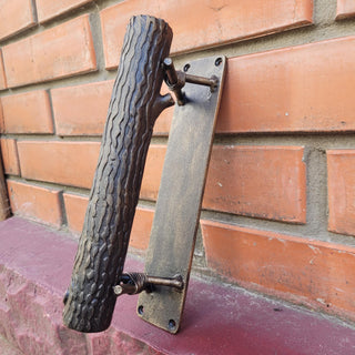 Hand Forged Log Door Handle – Wrought Iron Rustic Pull – Tree Trunk Style Handle for Gate, Barn Door, Cabin – Blacksmith Made