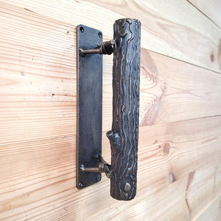Hand Forged Log Door Handle – Wrought Iron Rustic Pull – Tree Trunk Style Handle for Gate, Barn Door, Cabin – Blacksmith Made