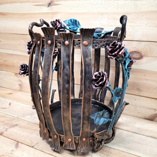 Wrought Iron Firewood Rack – Hand Forged Log Holder with Roses – Rustic Fireplace Wood Storage – Indoor/Outdoor Log Basket