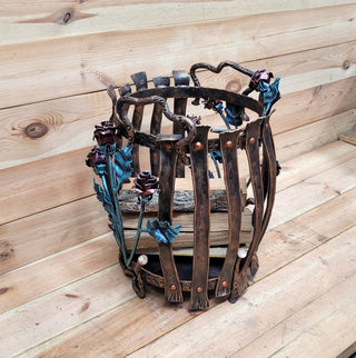 Wrought Iron Firewood Rack – Hand Forged Log Holder with Roses – Rustic Fireplace Wood Storage – Indoor/Outdoor Log Basket
