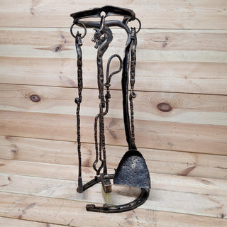 Horse Fireplace Tool Set – Hand Forged Wrought Iron Fire Tools – Equestrian Decor with Horse Head Handles – Rustic Barn Style Gift