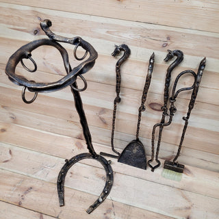 Horse Fireplace Tool Set – Hand Forged Wrought Iron Fire Tools – Equestrian Decor with Horse Head Handles – Rustic Barn Style Gift