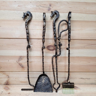 Horse Fireplace Tool Set – Hand Forged Wrought Iron Fire Tools – Equestrian Decor with Horse Head Handles – Rustic Barn Style Gift