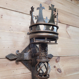 Hand Forged Wall Torch Sconce with Crown. Medieval Rustic Iron Wall Lamp. Gothic Castle Lighting. Wrought Iron Candle Style Light