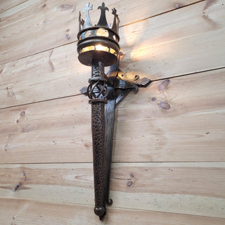 Hand Forged Wall Torch Sconce with Crown. Medieval Rustic Iron Wall Lamp. Gothic Castle Lighting. Wrought Iron Candle Style Light