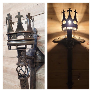 Hand Forged Wall Torch Sconce with Crown. Medieval Rustic Iron Wall Lamp. Gothic Castle Lighting. Wrought Iron Candle Style Light