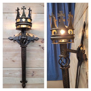 Hand Forged Wall Torch Sconce with Crown. Medieval Rustic Iron Wall Lamp. Gothic Castle Lighting. Wrought Iron Candle Style Light
