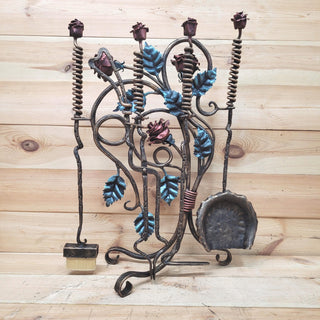 Wrought Iron Fireplace Tool Set with Forged Roses – Handmade Romantic Hearth Decor