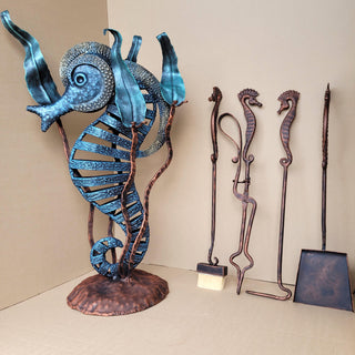 Seahorse fireplace tool set wrought iron