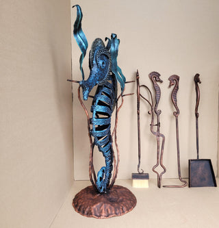 Seahorse Fireplace Tool Set – Hand Forged Wrought Iron Fire Tools, Heavy Duty Nautical Ocean Decor Stand