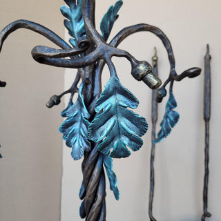 Wrought Iron Fireplace Tool Set with Oak Leaves and Acorns – Hand Forged Fire Tools