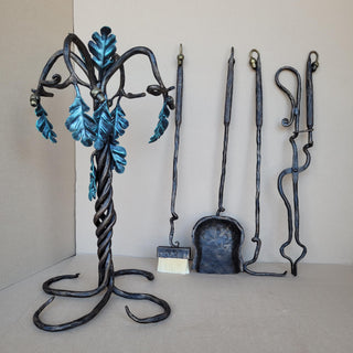 Wrought Iron Fireplace Tool Set with Oak Leaves and Acorns – Hand Forged Fire Tools