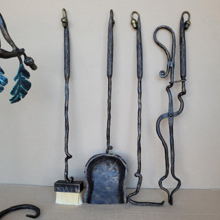 Wrought Iron Fireplace Tool Set with Oak Leaves and Acorns – Hand Forged Fire Tools