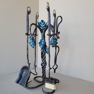 Wrought Iron Fireplace Tool Set with Oak Leaves and Acorns – Hand Forged Fire Tools