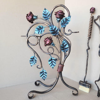 Wrought Iron Fireplace Tool Set with Forged Roses – Handmade Romantic Hearth Decor