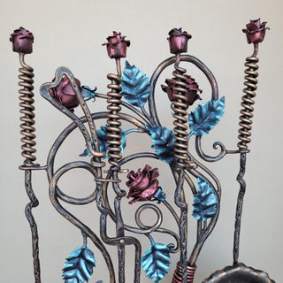 Wrought Iron Fireplace Tool Set with Forged Roses – Handmade Romantic Hearth Decor