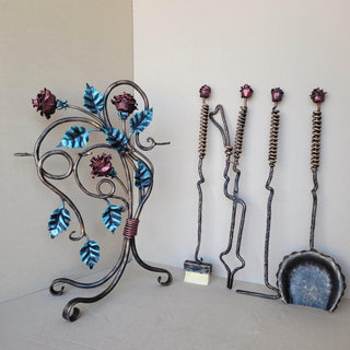 Wrought Iron Fireplace Tool Set with Forged Roses – Handmade Romantic Hearth Decor
