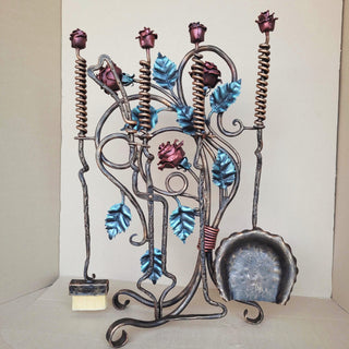 Wrought Iron Fireplace Tool Set with Forged Roses – Handmade Romantic Hearth Decor