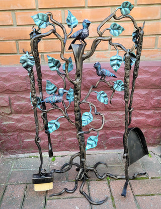 Hand Forged Fireplace Tool Set Birds Wrought Iron Hearth Tools with Stand Fireplace Poker Tongs Shovel Brush Rustic Cabin Fireplace Decor