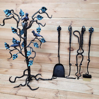 Hand Forged Fireplace Tool Set Birds Wrought Iron Hearth Tools with Stand Fireplace Poker Tongs Shovel Brush Rustic Cabin Fireplace Decor
