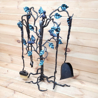 Hand Forged Fireplace Tool Set Birds Wrought Iron Hearth Tools with Stand Fireplace Poker Tongs Shovel Brush Rustic Cabin Fireplace Decor