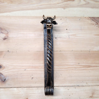 Hand-Forged Wrought Iron Cow Head Door Handle Barn Door Pull Farmhouse Decor Rustic Animal Handle for Cabin, Barn, or Shed