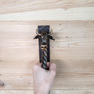 Hand-Forged Wrought Iron Cow Head Door Handle Barn Door Pull Farmhouse Decor Rustic Animal Handle for Cabin, Barn, or Shed