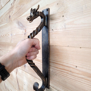 Hand-Forged Wrought Iron Cow Head Door Handle Barn Door Pull Farmhouse Decor Rustic Animal Handle for Cabin, Barn, or Shed