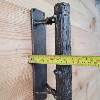Hand Forged Log Door Handle – Wrought Iron Rustic Pull – Tree Trunk Style Handle for Gate, Barn Door, Cabin – Blacksmith Made