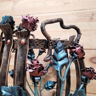 Wrought Iron Firewood Rack – Hand Forged Log Holder with Roses – Rustic Fireplace Wood Storage – Indoor/Outdoor Log Basket