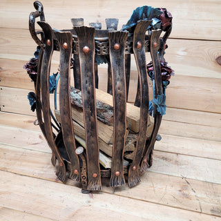 Wrought Iron Firewood Rack – Hand Forged Log Holder with Roses – Rustic Fireplace Wood Storage – Indoor/Outdoor Log Basket