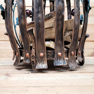 Wrought Iron Firewood Rack – Hand Forged Log Holder with Roses – Rustic Fireplace Wood Storage – Indoor/Outdoor Log Basket