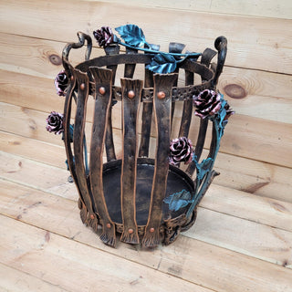 Wrought Iron Firewood Rack – Hand Forged Log Holder with Roses – Rustic Fireplace Wood Storage – Indoor/Outdoor Log Basket