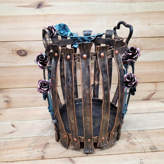 Wrought Iron Firewood Rack – Hand Forged Log Holder with Roses – Rustic Fireplace Wood Storage – Indoor/Outdoor Log Basket