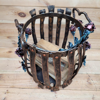 Wrought Iron Firewood Rack – Hand Forged Log Holder with Roses – Rustic Fireplace Wood Storage – Indoor/Outdoor Log Basket