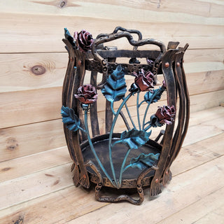 Wrought Iron Firewood Rack – Hand Forged Log Holder with Roses – Rustic Fireplace Wood Storage – Indoor/Outdoor Log Basket